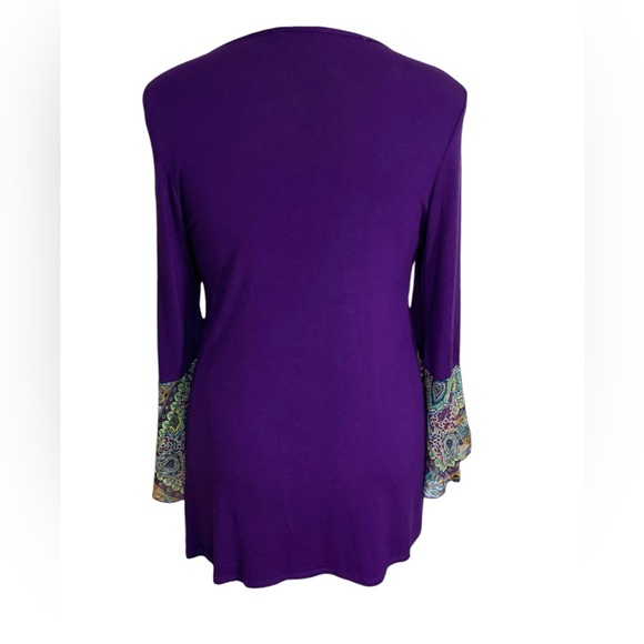 Elliott & Vine lovely purple blouse, sheer print bell sleeves, sz L, worn once - Picture 4 of 8
